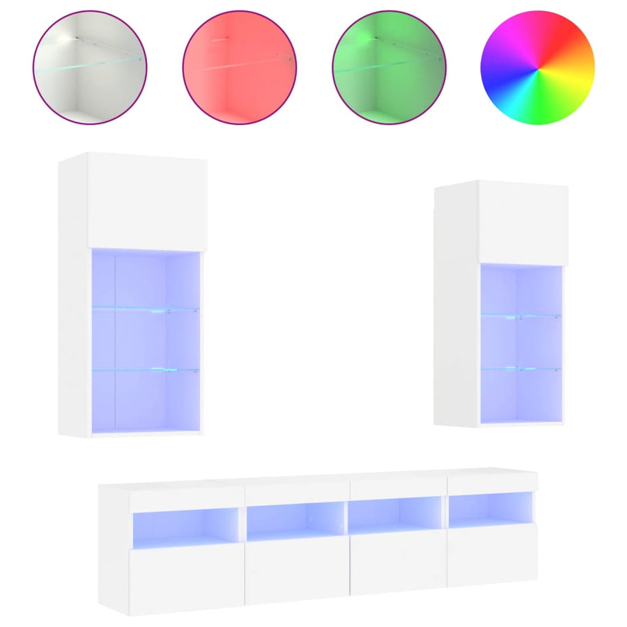 5-Delige Tv-Wandmeubelset Met Led-Verlichting Bewerkt Hout Wit