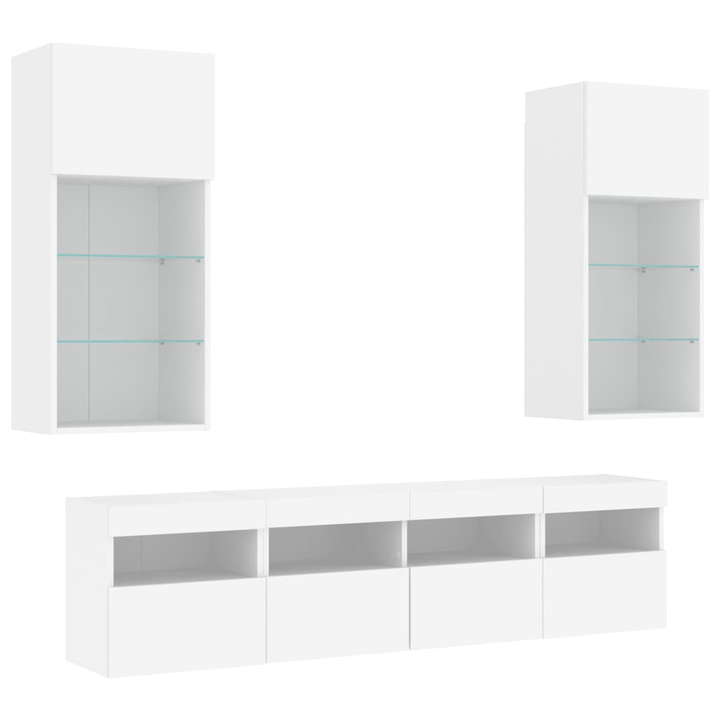 5-Delige Tv-Wandmeubelset Met Led-Verlichting Bewerkt Hout Wit