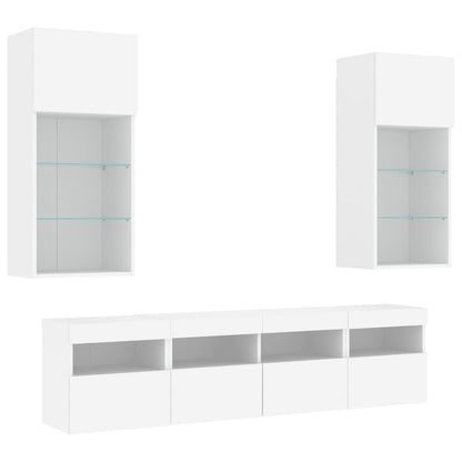 5-Delige Tv-Wandmeubelset Met Led-Verlichting Bewerkt Hout Wit