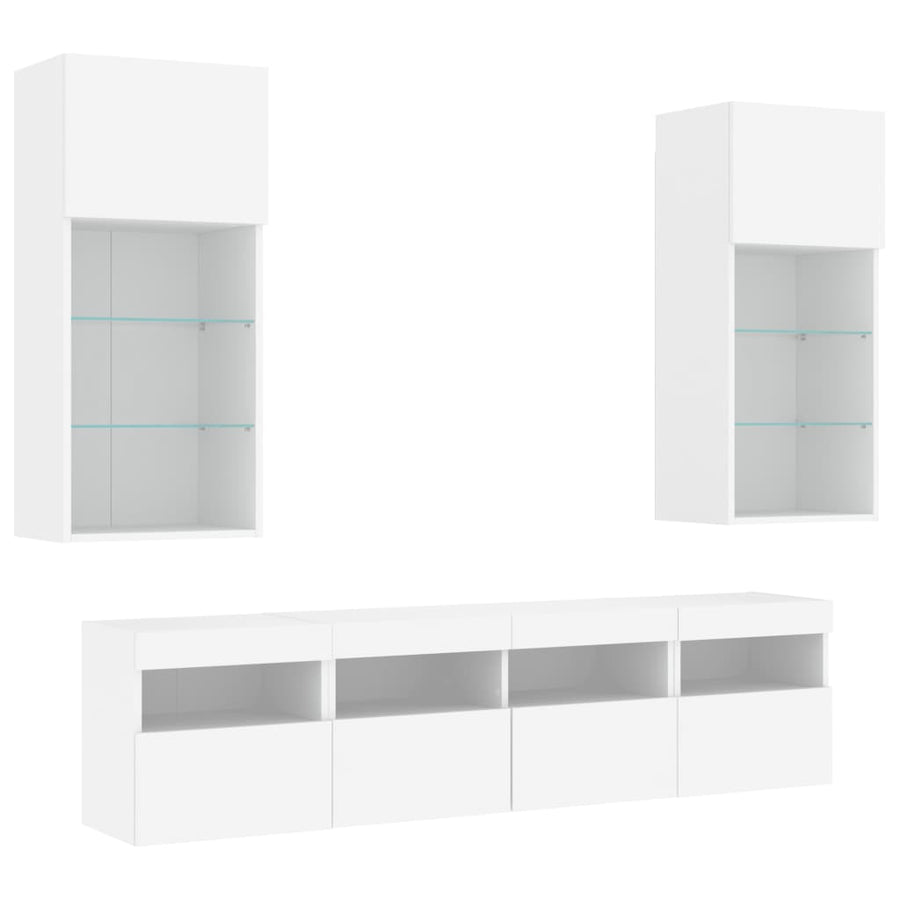 5-Delige Tv-Wandmeubelset Met Led-Verlichting Bewerkt Hout Wit