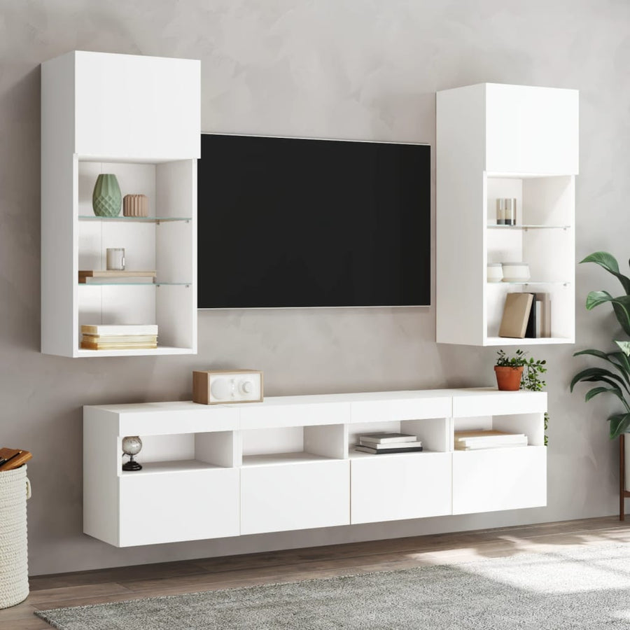5-Delige Tv-Wandmeubelset Met Led-Verlichting Bewerkt Hout Wit