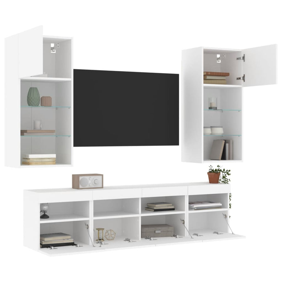 5-Delige Tv-Wandmeubelset Met Led-Verlichting Bewerkt Hout Wit