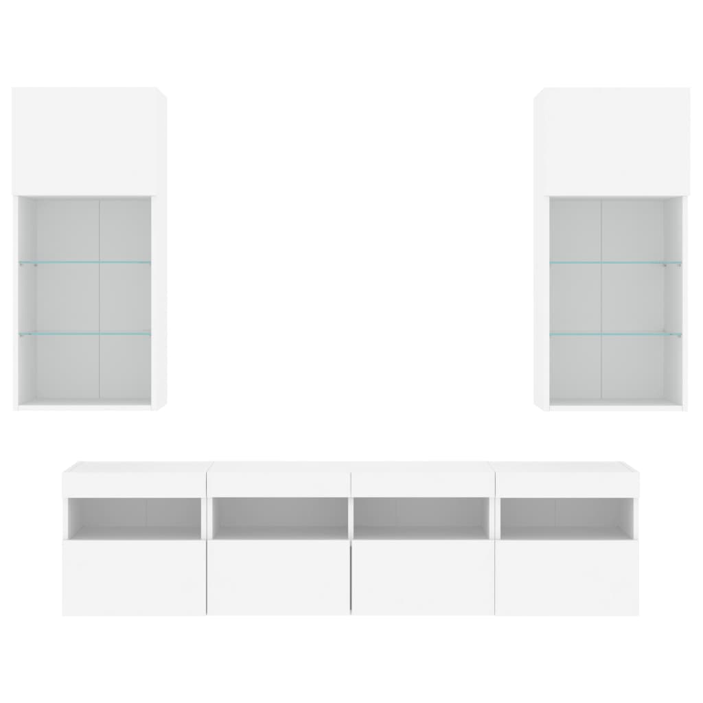5-Delige Tv-Wandmeubelset Met Led-Verlichting Bewerkt Hout Wit