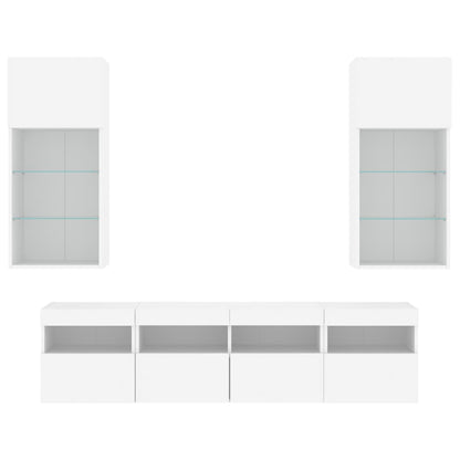 5-Delige Tv-Wandmeubelset Met Led-Verlichting Bewerkt Hout Wit