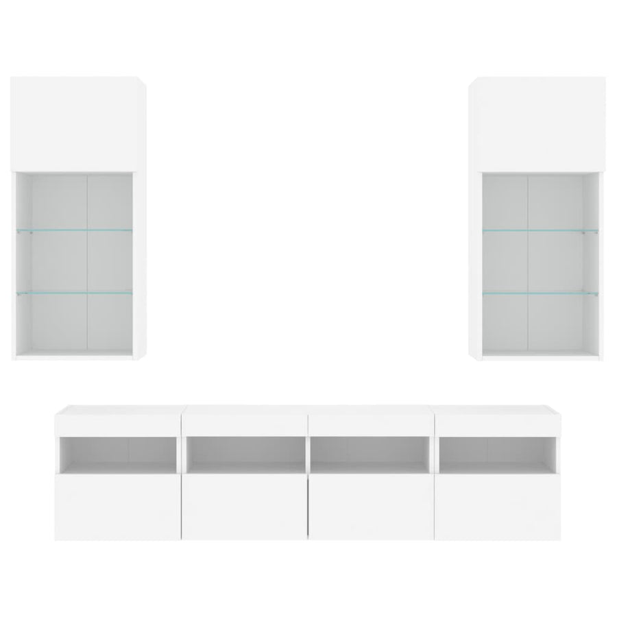 5-Delige Tv-Wandmeubelset Met Led-Verlichting Bewerkt Hout Wit