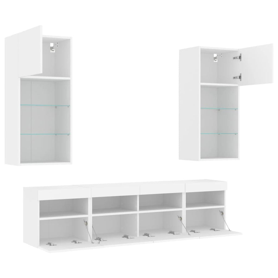 5-Delige Tv-Wandmeubelset Met Led-Verlichting Bewerkt Hout Wit