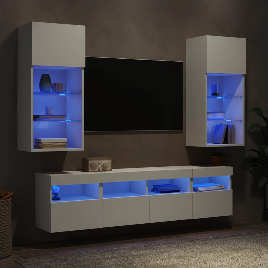5-Delige Tv-Wandmeubelset Met Led-Verlichting Bewerkt Hout Wit
