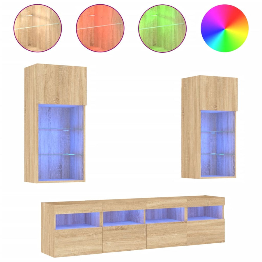 5-Delige Tv-Wandmeubelset Met Led Bewerkt Hout Sonoma Eiken