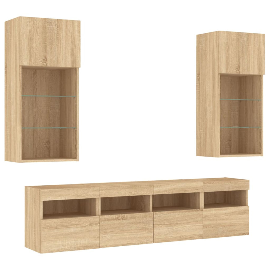 5-Delige Tv-Wandmeubelset Met Led Bewerkt Hout Sonoma Eiken