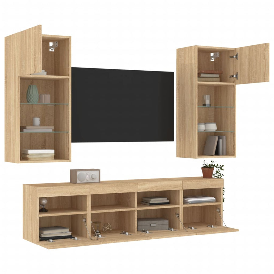 5-Delige Tv-Wandmeubelset Met Led Bewerkt Hout Sonoma Eiken