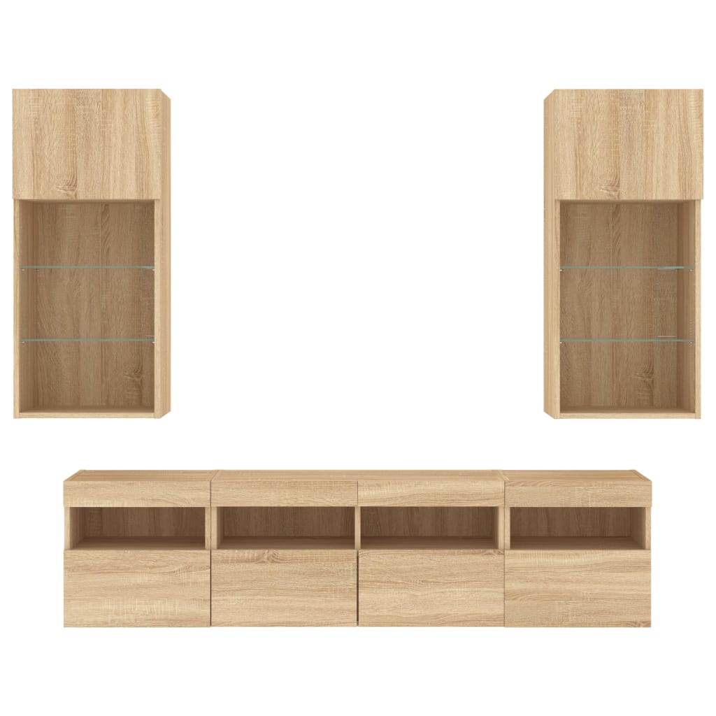 5-Delige Tv-Wandmeubelset Met Led Bewerkt Hout Sonoma Eiken