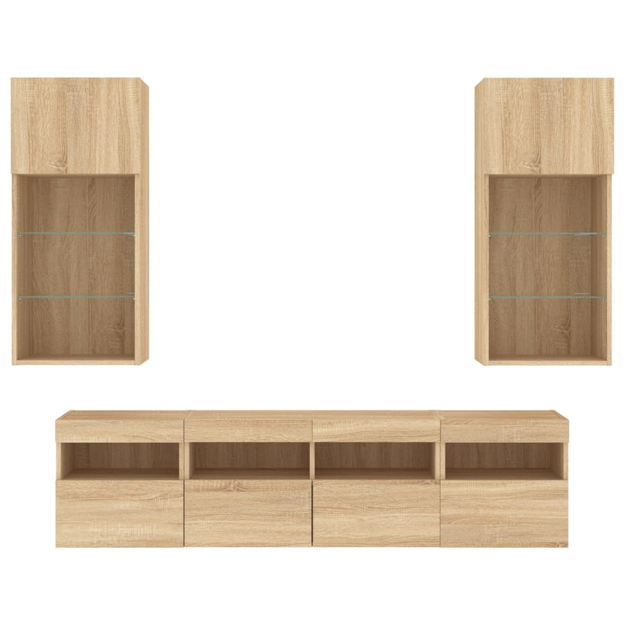 5-Delige Tv-Wandmeubelset Met Led Bewerkt Hout Sonoma Eiken