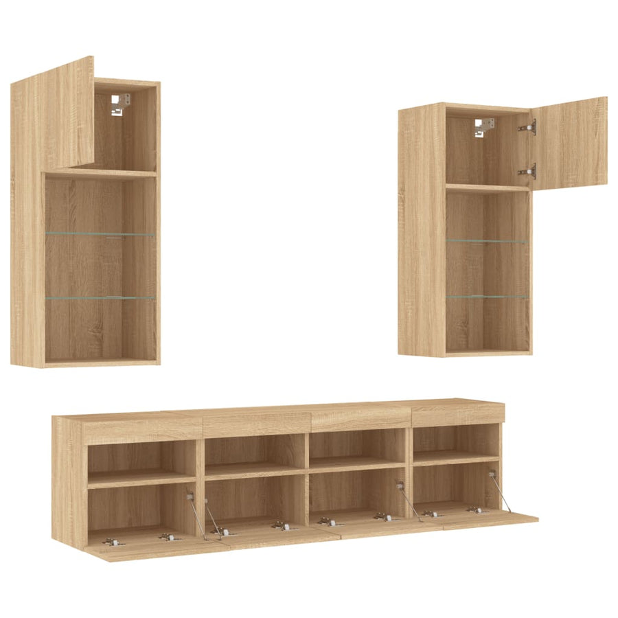 5-Delige Tv-Wandmeubelset Met Led Bewerkt Hout Sonoma Eiken