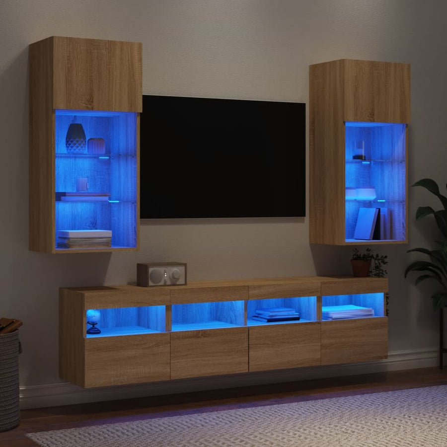 5-Delige Tv-Wandmeubelset Met Led Bewerkt Hout Sonoma Eiken