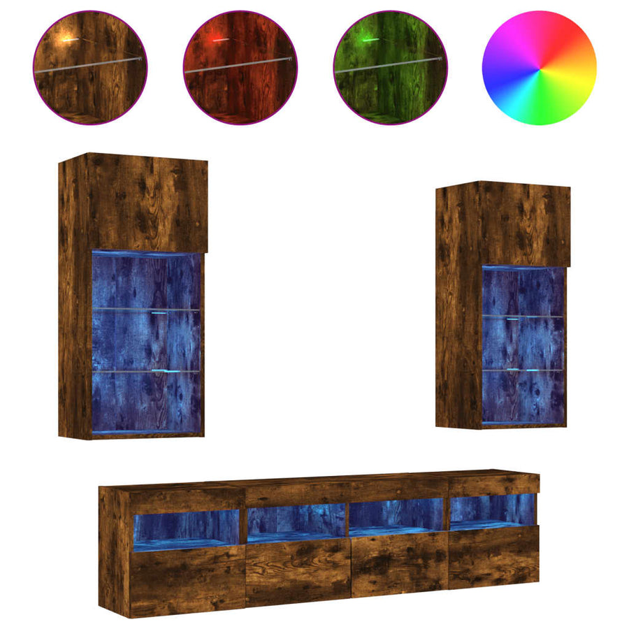5-Delige Tv-Wandmeubelset Met Led Bewerkt Hout Gerookt eiken