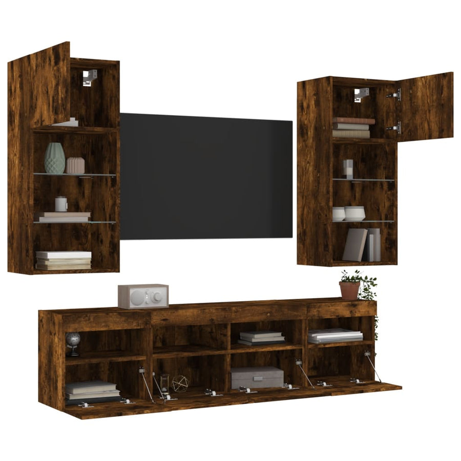 5-Delige Tv-Wandmeubelset Met Led Bewerkt Hout Gerookt eiken