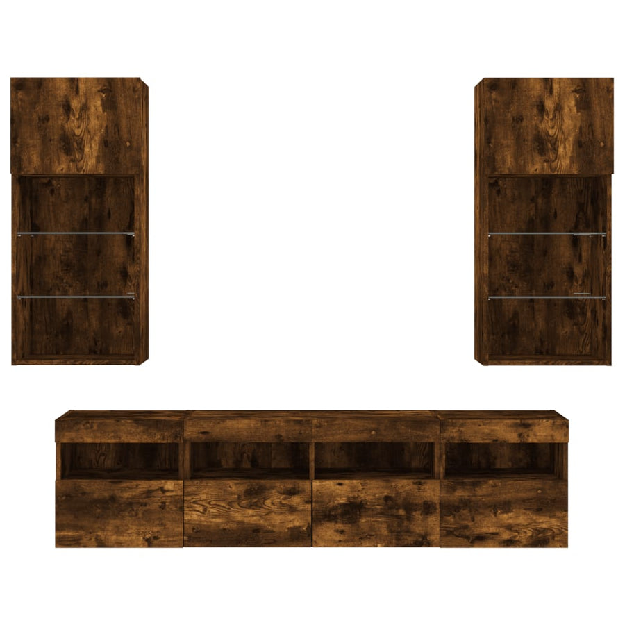 5-Delige Tv-Wandmeubelset Met Led Bewerkt Hout Gerookt eiken