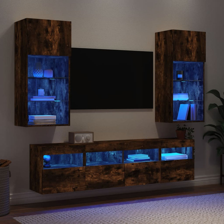 5-Delige Tv-Wandmeubelset Met Led Bewerkt Hout Gerookt eiken