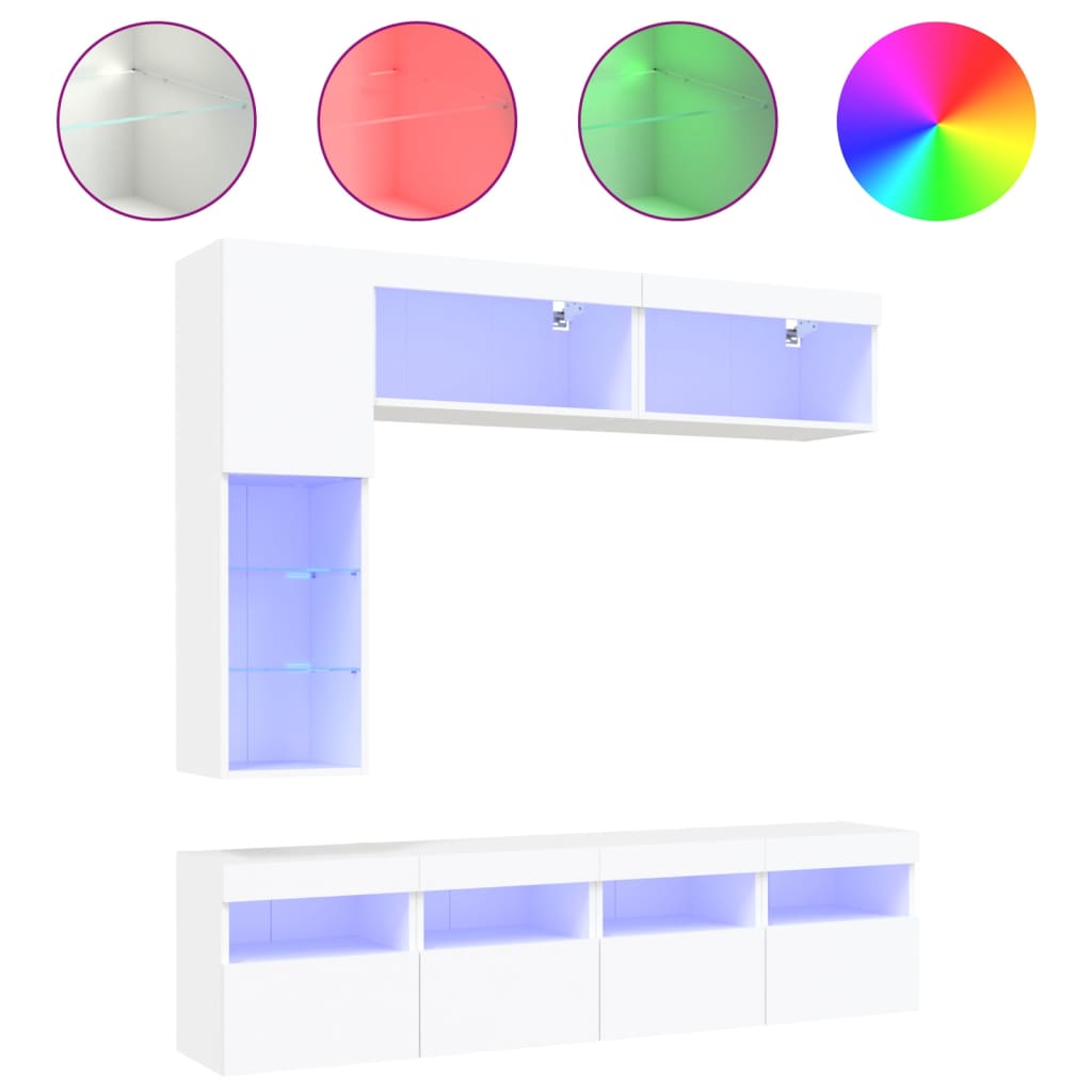 7-Delige Tv-Wandmeubelset Met Led-Verlichting Wit