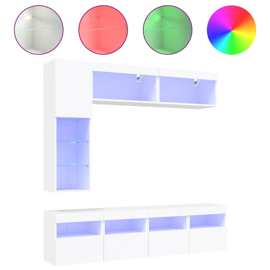 7-Delige Tv-Wandmeubelset Met Led-Verlichting Wit