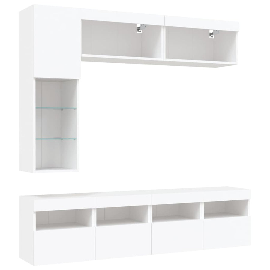 7-Delige Tv-Wandmeubelset Met Led-Verlichting Wit
