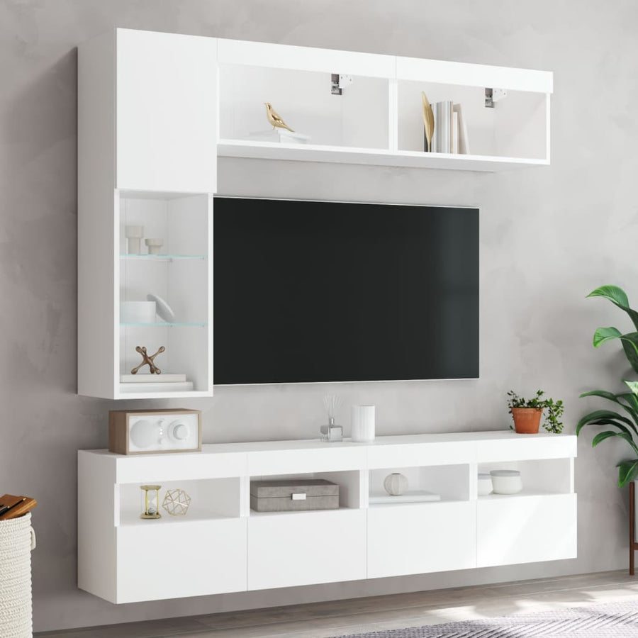 7-Delige Tv-Wandmeubelset Met Led-Verlichting Wit
