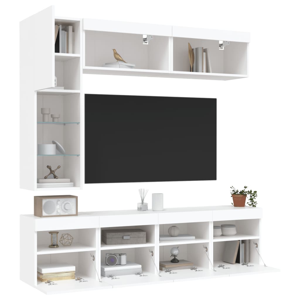 7-Delige Tv-Wandmeubelset Met Led-Verlichting Wit