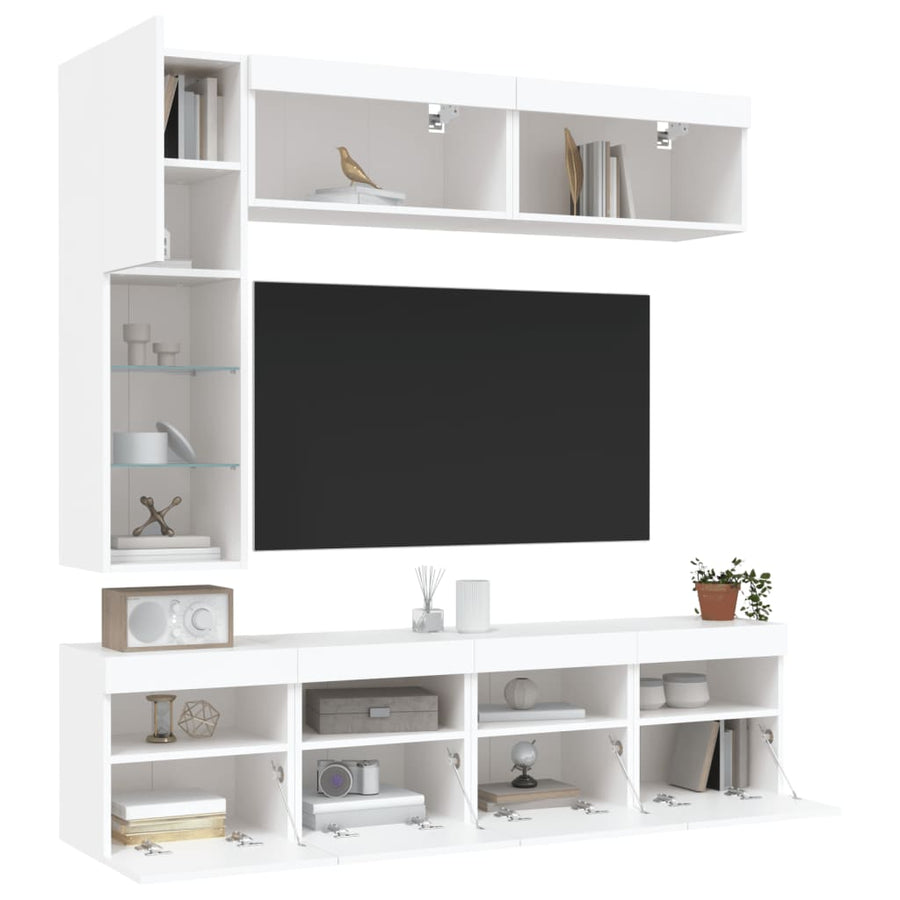 7-Delige Tv-Wandmeubelset Met Led-Verlichting Wit