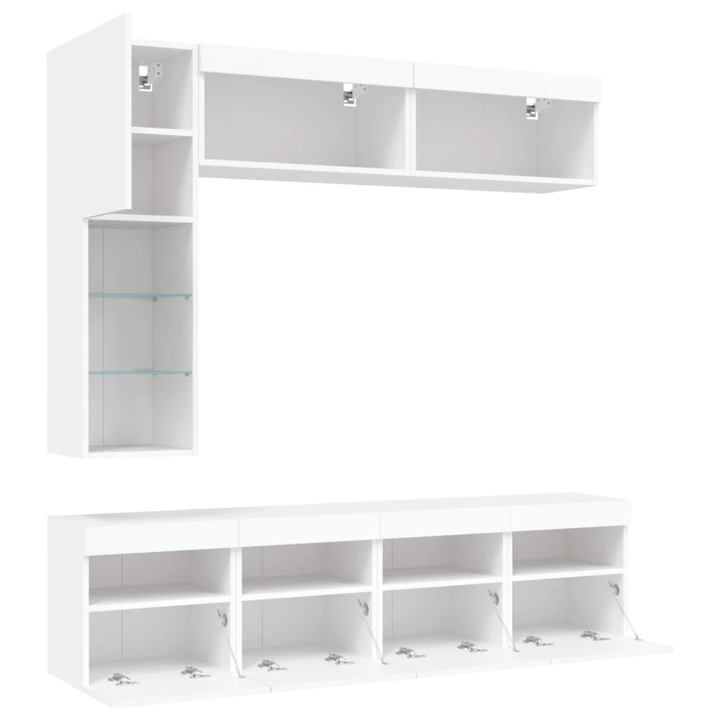 7-Delige Tv-Wandmeubelset Met Led-Verlichting Wit