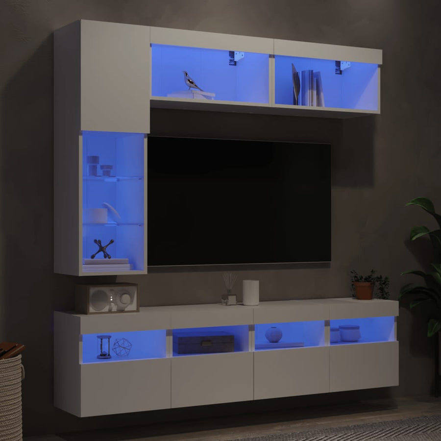 7-Delige Tv-Wandmeubelset Met Led-Verlichting Wit
