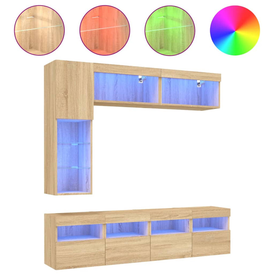 7-Delige Tv-Wandmeubelset Met Led-Verlichting Sonoma Eikenkleur
