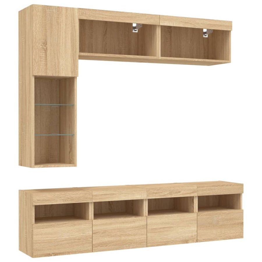 7-Delige Tv-Wandmeubelset Met Led-Verlichting Sonoma Eikenkleur