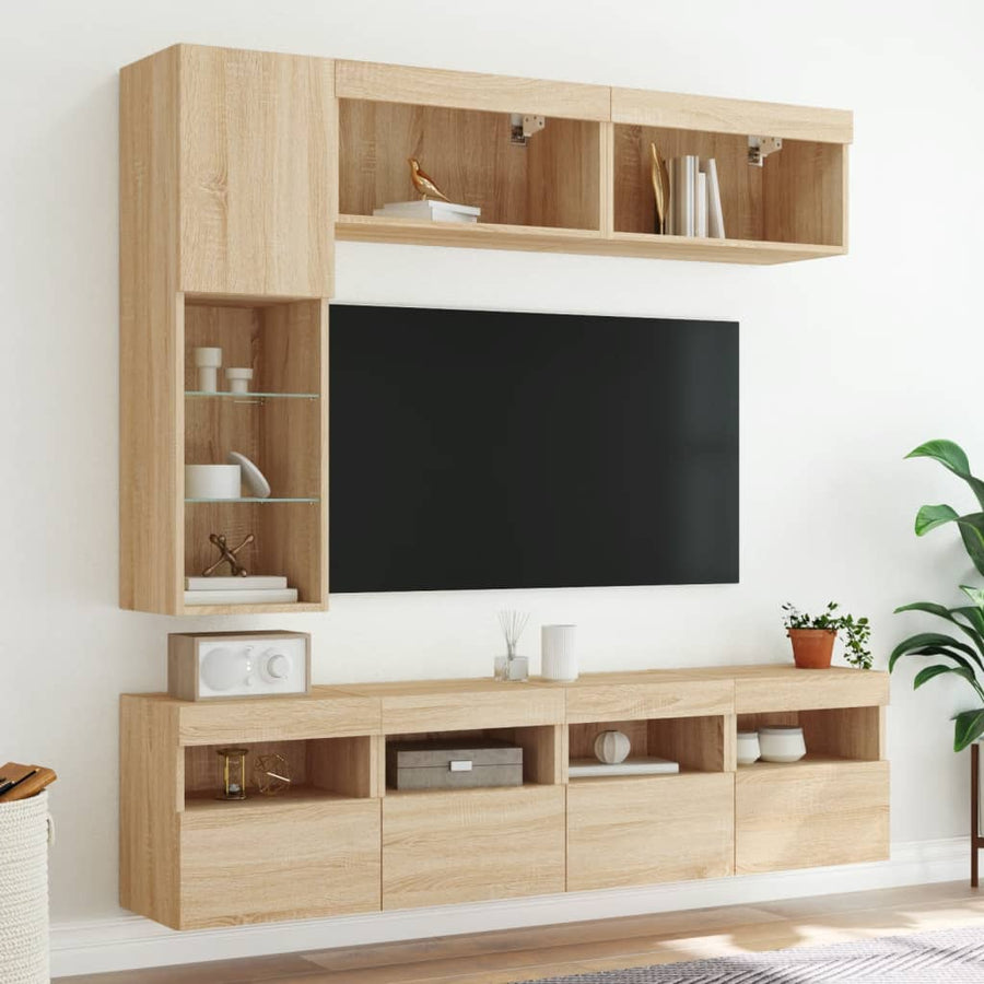 7-Delige Tv-Wandmeubelset Met Led-Verlichting Sonoma Eikenkleur