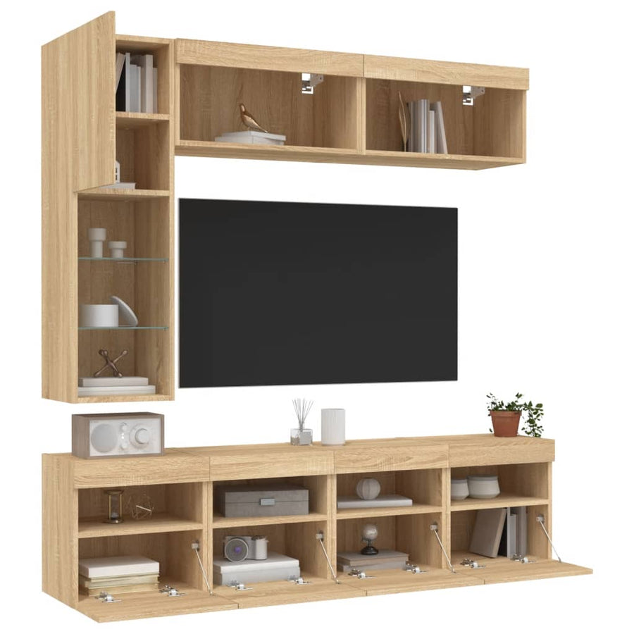 7-Delige Tv-Wandmeubelset Met Led-Verlichting Sonoma Eikenkleur
