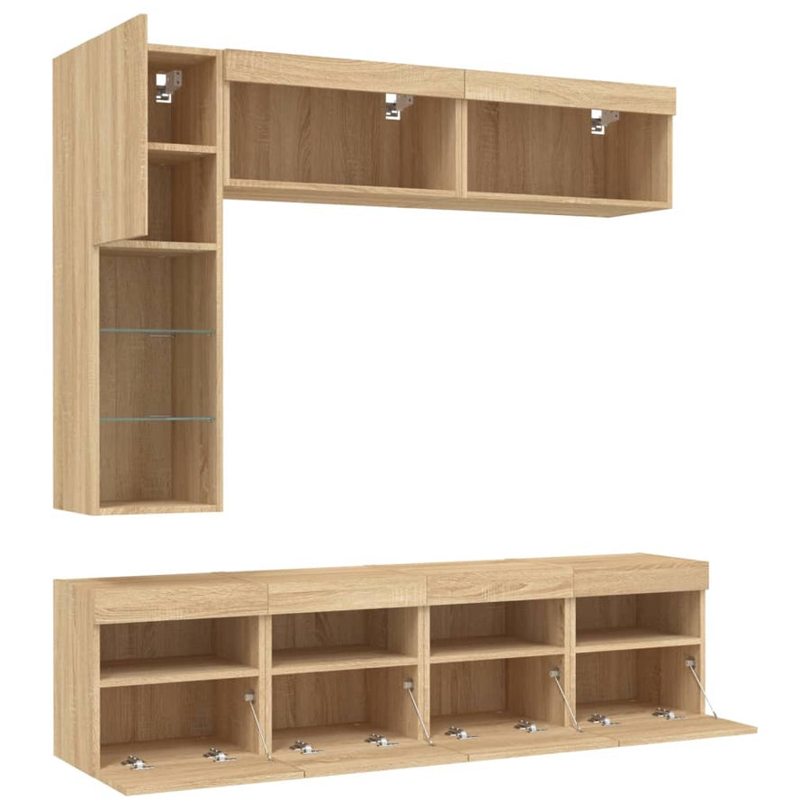 7-Delige Tv-Wandmeubelset Met Led-Verlichting Sonoma Eikenkleur