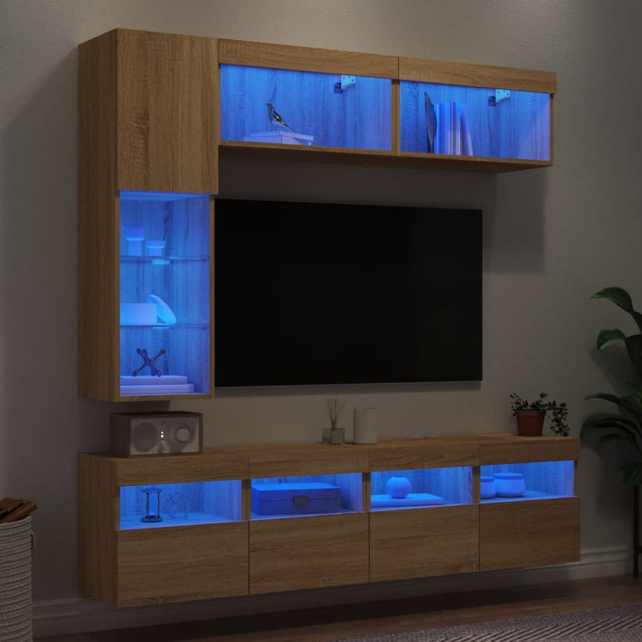 7-Delige Tv-Wandmeubelset Met Led-Verlichting Sonoma Eikenkleur