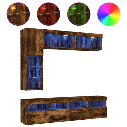 7-Delige Tv-Wandmeubelset Met Led-Verlichting Gerookt eiken