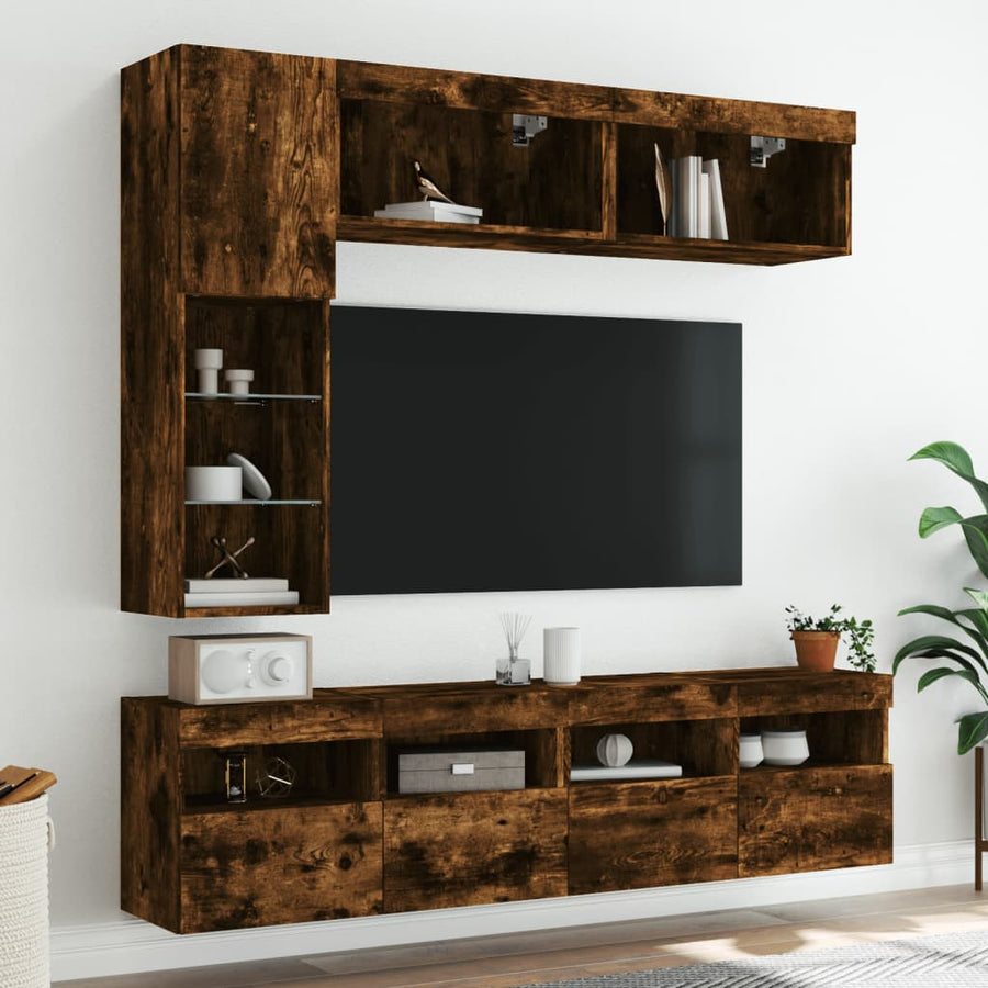 7-Delige Tv-Wandmeubelset Met Led-Verlichting Gerookt eiken