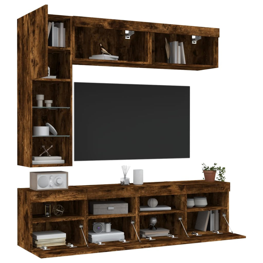 7-Delige Tv-Wandmeubelset Met Led-Verlichting Gerookt eiken