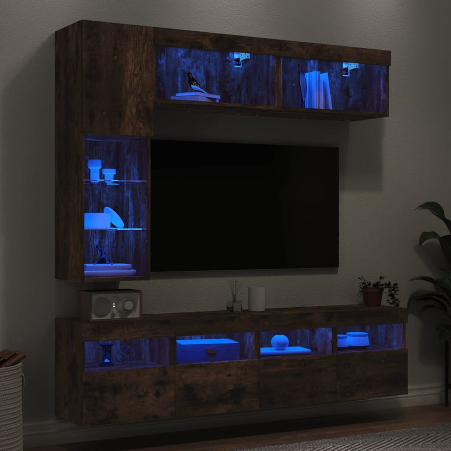 7-Delige Tv-Wandmeubelset Met Led-Verlichting Gerookt eiken