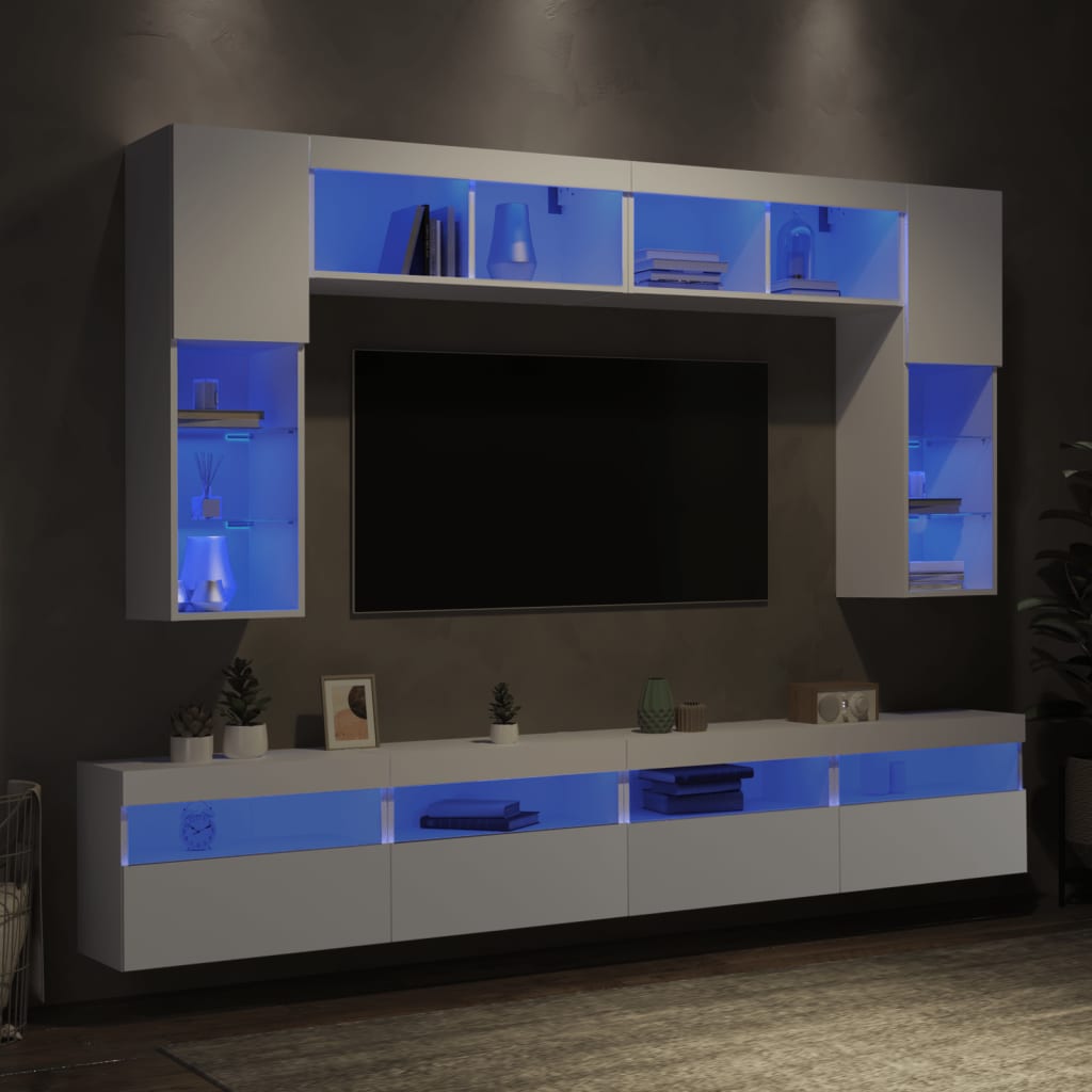 8-Delige Tv-Wandmeubelset Met Led-Verlichting Wit