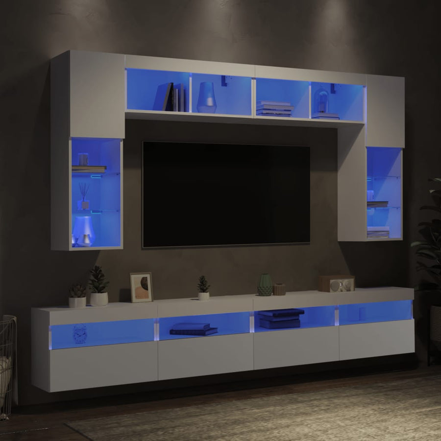 8-Delige Tv-Wandmeubelset Met Led-Verlichting Wit