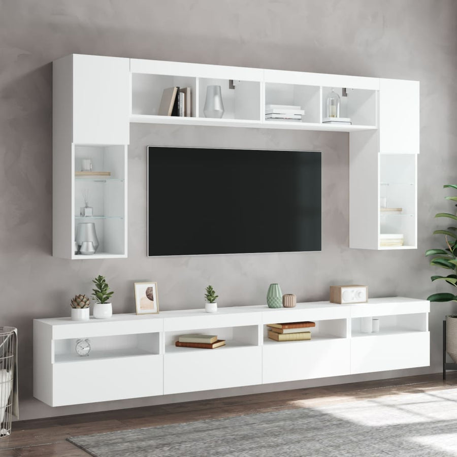 8-Delige Tv-Wandmeubelset Met Led-Verlichting Wit