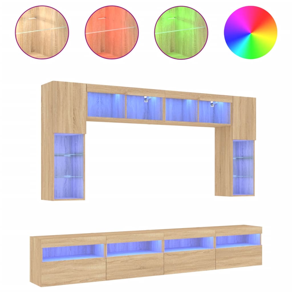 8-Delige Tv-Wandmeubelset Met Led-Verlichting Kleur Sonoma eiken