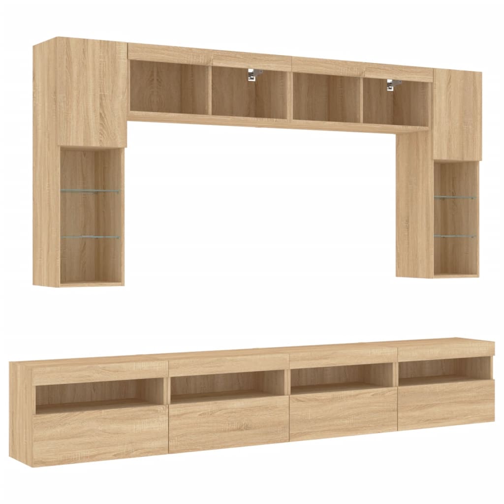 8-Delige Tv-Wandmeubelset Met Led-Verlichting Kleur Sonoma eiken