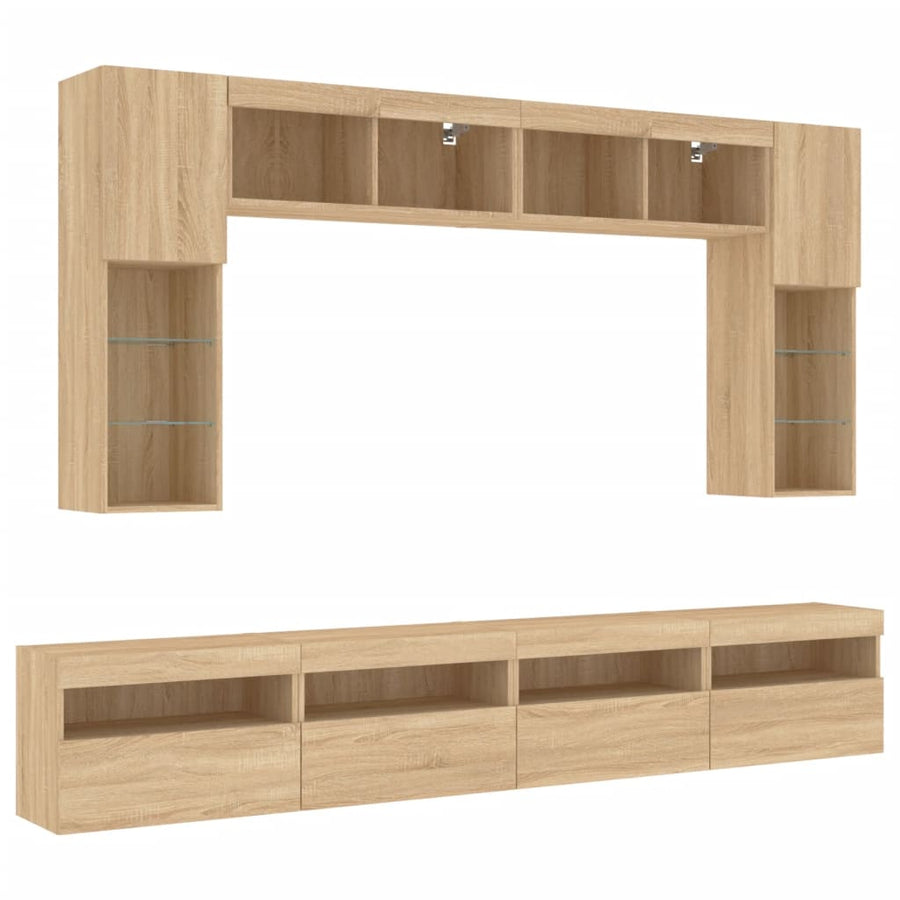 8-Delige Tv-Wandmeubelset Met Led-Verlichting Kleur Sonoma eiken
