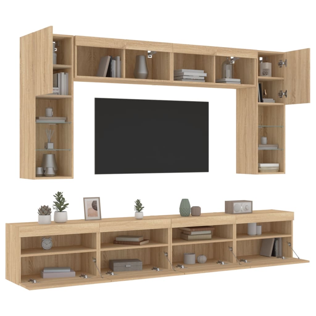 8-Delige Tv-Wandmeubelset Met Led-Verlichting Kleur Sonoma eiken