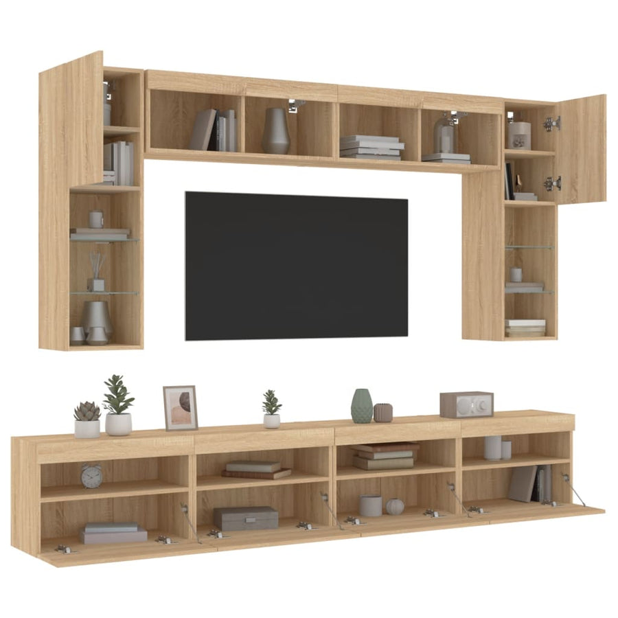 8-Delige Tv-Wandmeubelset Met Led-Verlichting Kleur Sonoma eiken
