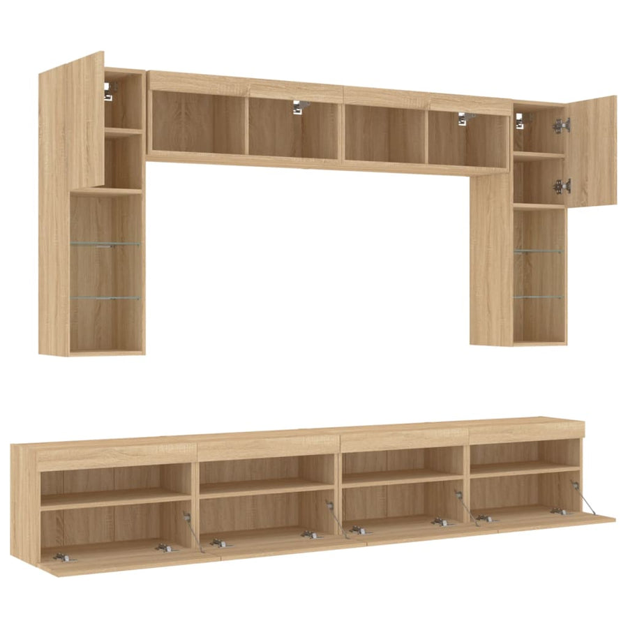 8-Delige Tv-Wandmeubelset Met Led-Verlichting Kleur Sonoma eiken