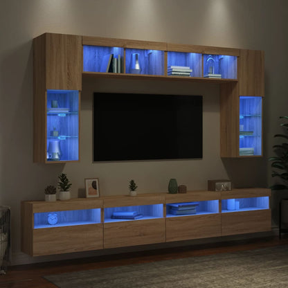 8-Delige Tv-Wandmeubelset Met Led-Verlichting Kleur Sonoma eiken